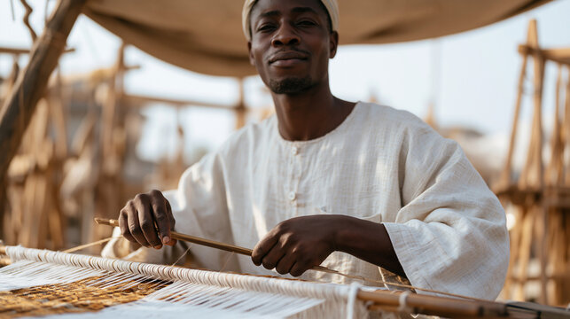 A Ghanaian textile weaver throws a shuttle across a narrow strip loom under a shade canopy, hands moving in practiced rhythm, bright kente patterns emerging in the woven cloth,