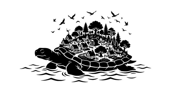 Black turtle swimming in water with birds flying above