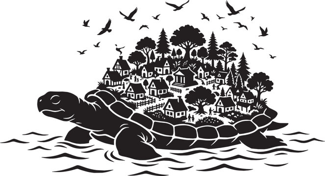 Black turtle swimming in water with birds flying above