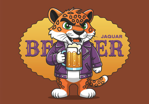 Vector standing cartoon funny spotted jaguar in jacket holding mug of beer. Cheerful drunk leopard. Toon animal. Foam beverage. Wild cat. Alcohol yeast invigorating drink