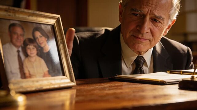 Glancing, man in suit and tie reaching for framed family photograph at office, studying portrait