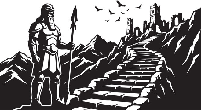 Ancient warrior standing on a mountain road with a spear