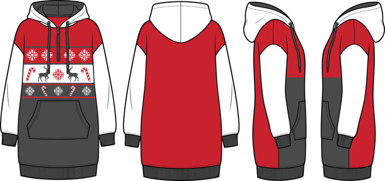 Technical fashion sketch vector template of longline christmas hoodie dress with festive reindeer pattern