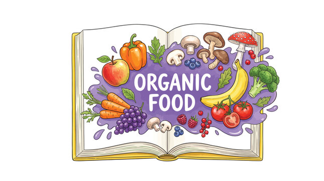 Colorful hand drawn illustration of fresh organic food arranged inside an open vintage story book