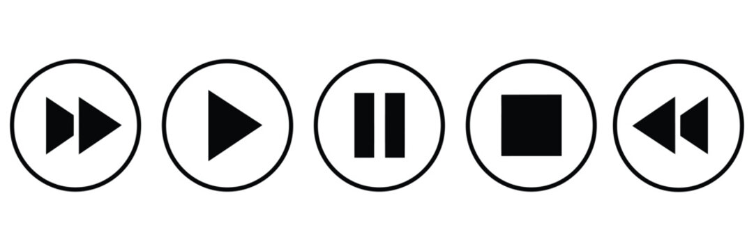 Media control buttons with rewind, skip, play, pause, stop and fast forward icons for audio, video and user interface design