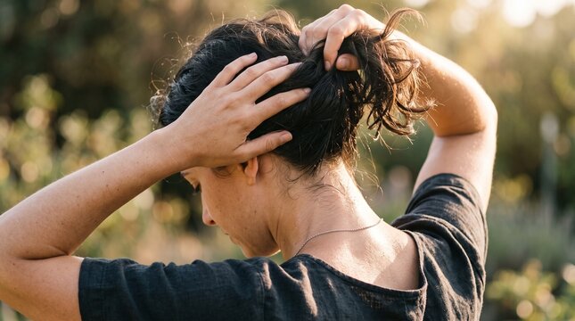 Woman tying her hair up from behind with sweat on her neck. Female sweating outdoors on a hot summer day