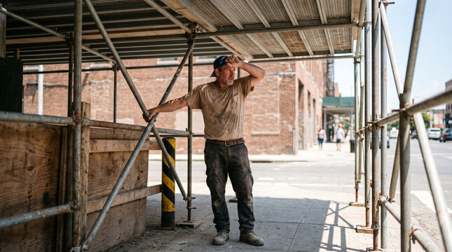 Exhausted male construction worker wiping sweat from forehead under scaffolding. Tired man resting from hard manual labor on hot summer city street