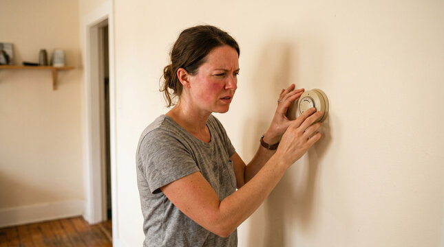 Sweaty woman with flushed face adjusting wall thermostat indoors. Uncomfortable female trying to cool down home during summer heatwave