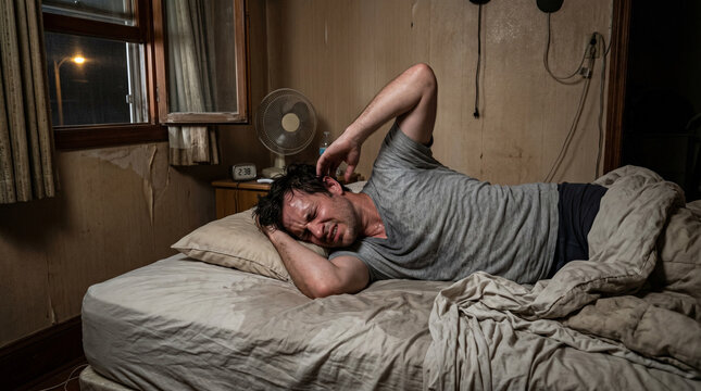 Sweaty man suffering from insomnia in hot bedroom at night. Distressed male lying in wet bed sheets during extreme summer heatwave
