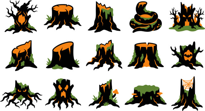 Set of scary halloween trees and tree stumps with glowing orange elements and green vines for spooky holiday designs.