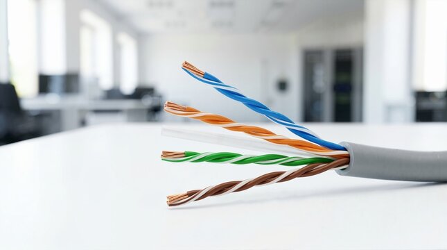 Close up of stripped Cat6 ethernet cable showing twisted copper pairs. Network connection and internet hardware on white table. Telecommunication technology concept