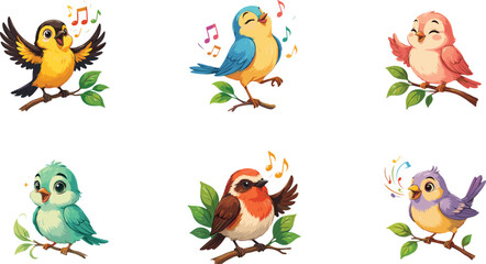 Fototapeta premium Cute singing birds vector cartoon characters set featuring colorful little songbirds on tree branches with musical notes for children graphic design.
