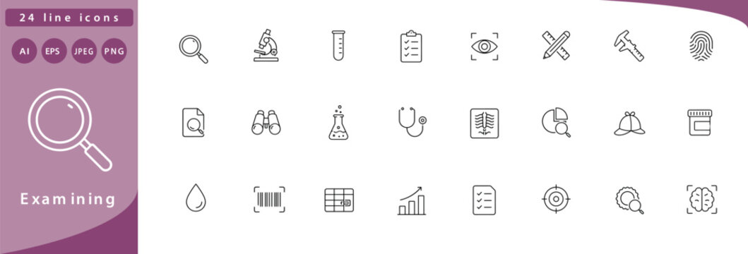 Examining: magnifying glass, microscope, test tube, clipboard with checklist, eye with scan lines, ruler and pencil crossed, caliper tool, fingerprint, document with magnifying glass badge
