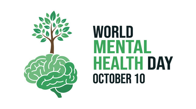 Green brain illustration with a growing tree for world mental health day awareness poster design