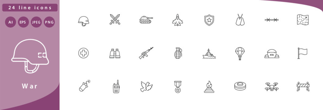 War: military helmet, crossed swords, tank side view, fighter jet, shield with star, dog tag, barbed wire segment, trench map with arrow, medic cross badge, binoculars, rifle outline, grenade, naval