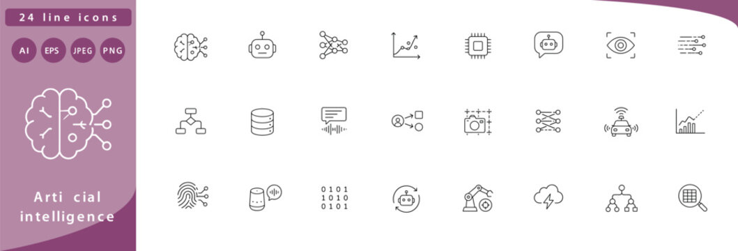Artificial intelligence: brain with circuit lines, robot head face, neural network nodes, machine learning graph with arrow, chip processor, chatbot speech bubble, eye scan iris, data stream lines