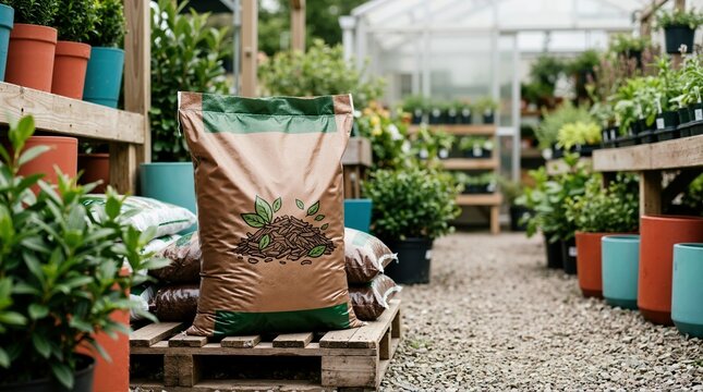 Bag of mulch on a wooden pallet at a garden center. Plant nursery with greenhouse and potted plants background