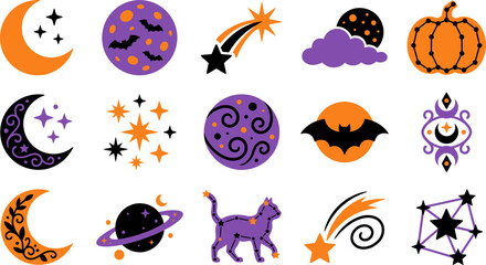 Fototapeta premium Set of mystical night sky elements, moon, stars, pumpkin, clouds, bat, and planet, in orange, black and purple colors on transparent background.