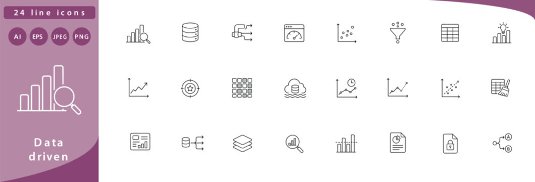 Data driven: bar chart with magnifying glass, database cylinder, data pipeline flowing arrows, dashboard speedometer, scatter plot graph, funnel filtering data, data table grid, insight lightbulb from