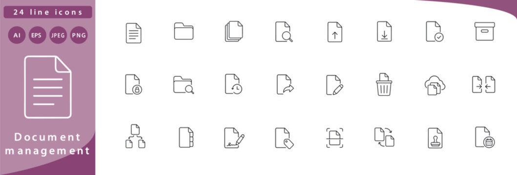 Document management: document with lines, folder with tab, stack of files, document with magnifying glass badge, file upload arrow, file download arrow, document with checkmark, archive box, document