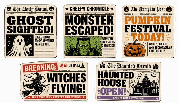 Newspaper Headline Halloween Typography Vector Sticker Pack Featuring Ghost Sighting, Haunted News, Spooky Headlines and Vintage Horror Press