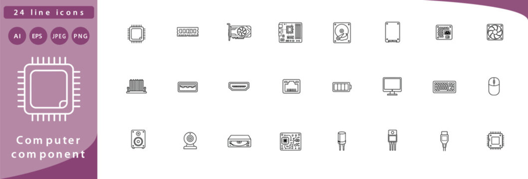 Computer component: CPU chip, RAM stick, GPU card, motherboard, hard drive, SSD drive, power supply unit, cooling fan, heat sink, USB port, HDMI port, ethernet port, battery, monitor, keyboard, mouse