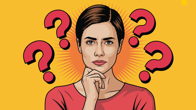 Pop art woman pondering deeply with chin on hand surrounded by question marks