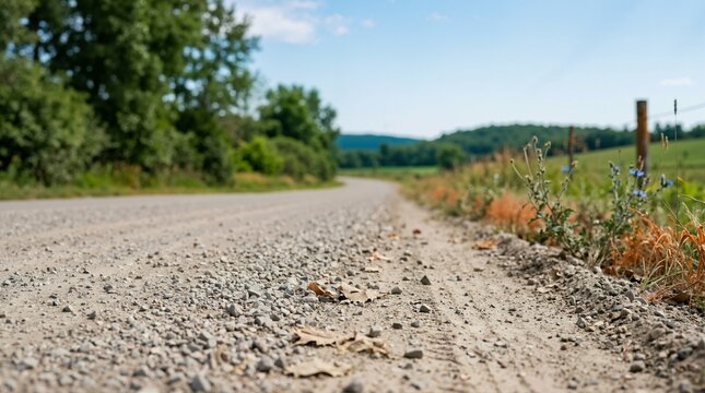 Close up low angle view of a dusty gravel road shoulder. Loose stones and dry leaves on an unpaved country path with blurred rural landscape