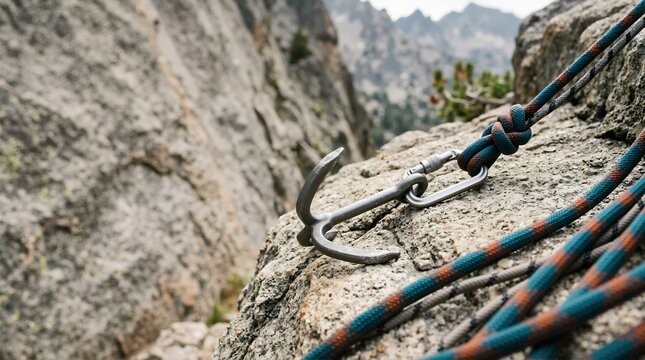 Metal grappling hook with climbing rope on a rocky ledge. Mountaineering gear on a steep mountain cliffside