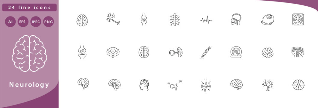 Neurology: brain, neuron cell, nerve synapse, spinal cord, EEG wave, skull cross-section, reflex arc, brain scan, neurotransmitter, cerebellum, brain hemisphere split, eye nerve connection, nerve