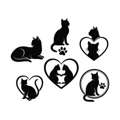 Collection of black cat silhouettes with heart and paw print motifs, depicting various feline poses and loving themes, perfect for pet-related designs.
