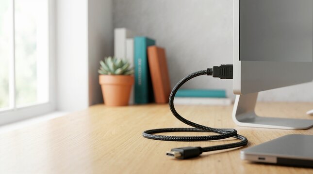 Braided cable plugged into a computer monitor on a wooden desk. Modern workspace setup with laptop and office accessories