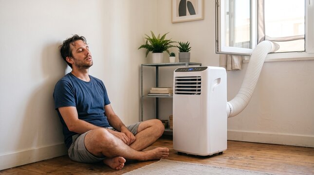 Exhausted man sitting on the floor next to a portable air conditioner. Male resting and trying to cool down at home during a summer heatwave