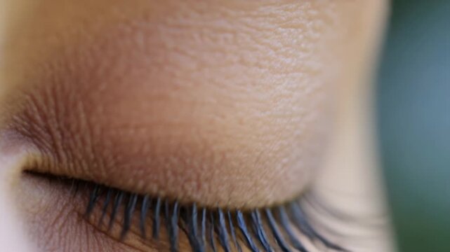Tracking female eye gazing toward grassy field showing person with phone sunlight causing blinking