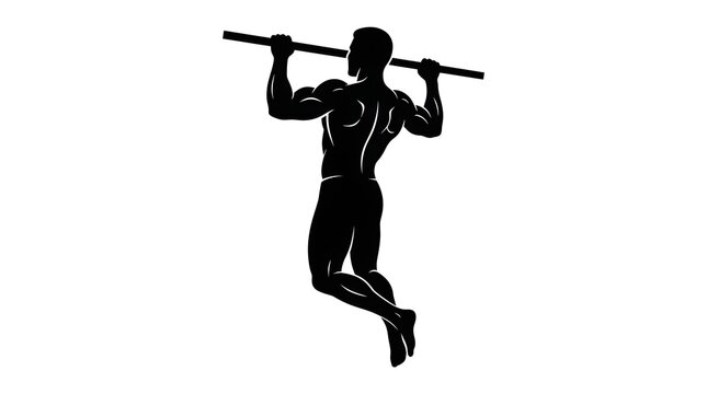 Black silhouette athletic man doing pull-ups, fitness icon, workout graphics, exercise illustration
