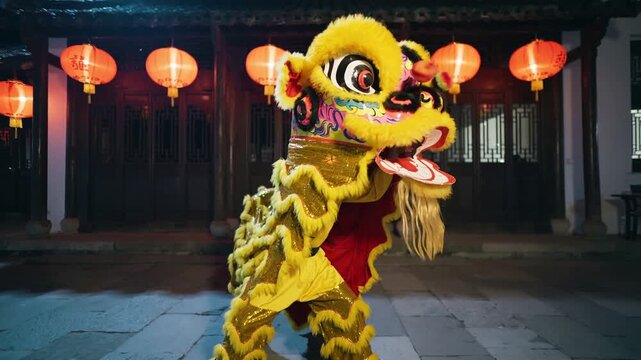 Raising yellow lion, two dancers responding to lanterns coordinating festival dance at temple night