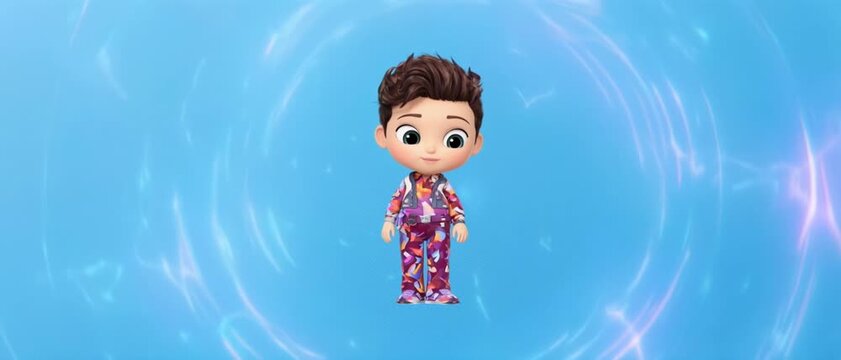 Animated Character Standing with Subtle Energy Swirls and Light Rays in a Blue Background