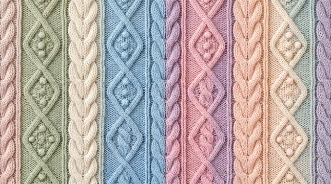 Cozy pastel colored cable knit texture pattern background in soft rainbow shades