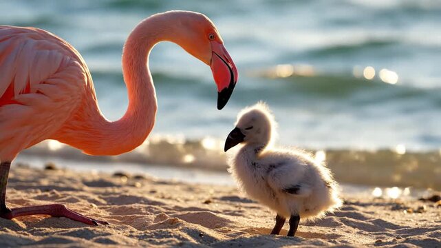 Adult pink flamingo interacting with its fluffy white chick on a sandy beach at golden hour. The parent and young bird stand by blue ocean waves during a coastal sunset.