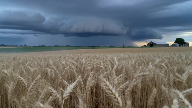 Swaying wheat stalks reacting to lightning striking near right horizon, shelf cloud looming