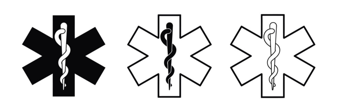 Medical star of life symbol with rod of Asclepius, emergency medical services logo, ambulance, rescue and healthcare icon set