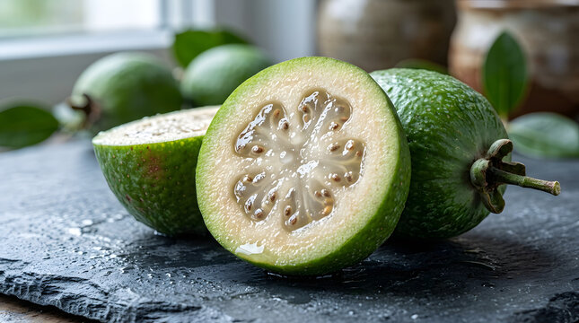 Fresh feijoa halves with seeds on slate during daylight with soft focus for culinary concepts