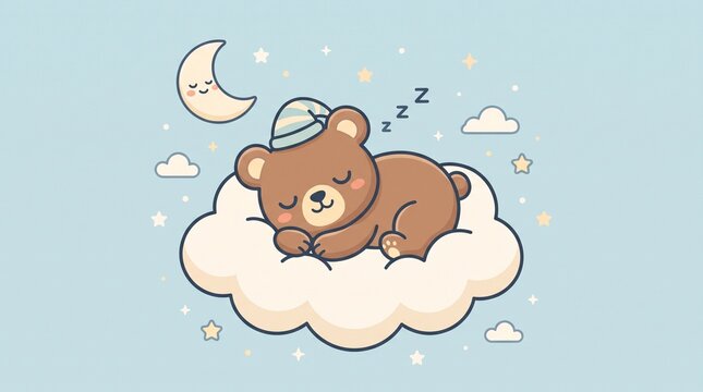 Cute cartoon brown bear sleeping on a soft cloud under the crescent moon at night, sweet dreams illustration