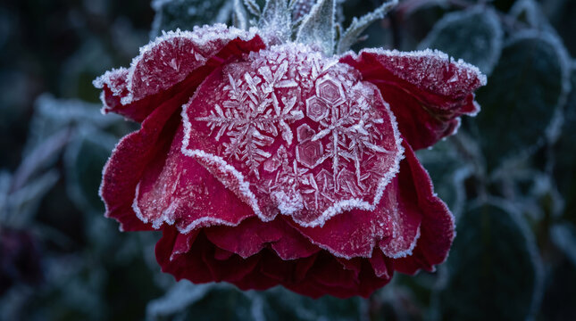 A frozen red rose covered with intricate ice crystals and snowflakes showcasing winter beauty seasonal elegance botanical macro photography and natural frost artistry