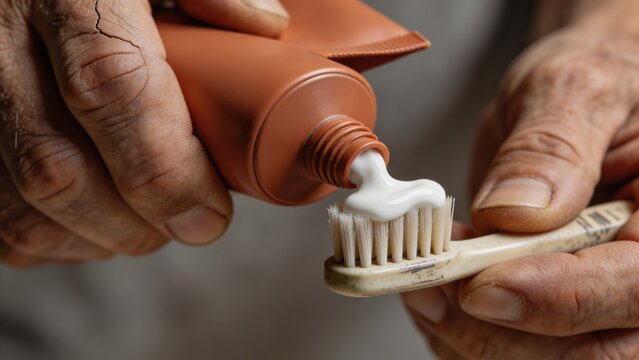 Close-up of dirty hands squeezing toothpaste onto an old toothbrush. Homeless person preparing for dental hygiene. Poverty and basic needs concept