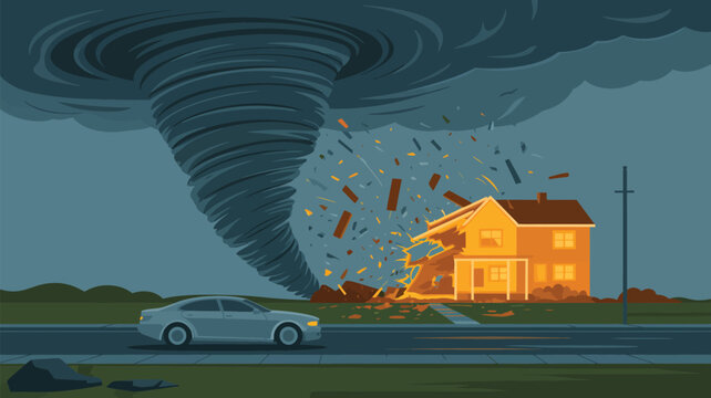 Powerful tornado striking a suburban house causing significant property damage and debris