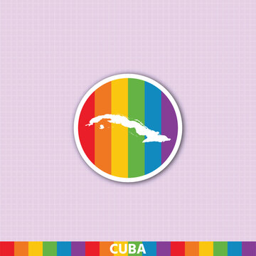Cuba LGBT pride sticker map, rainbow flag badge with white island silhouette. Great for Pride Month, travel decals and inclusive apparel prints.