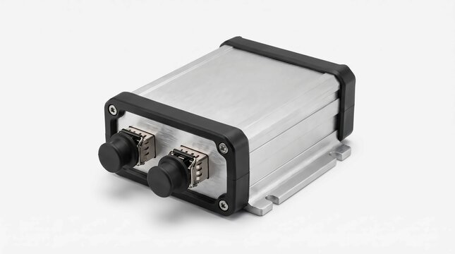 Industrial aluminum electronic enclosure box featuring two circular black knobs and metallic brushed silver surface finish
