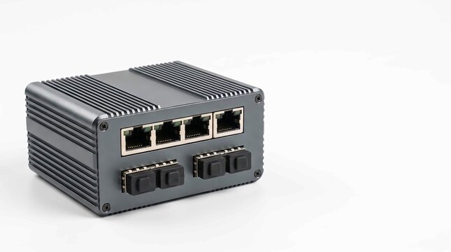 Industrial ethernet network switch device with metallic gray casing and black ports on white background