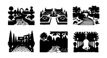 Fototapeta premium Elegant Topiary Gardens, Formal French Landscape Designs, Romantic English Garden Scenes, Vector Art Collection